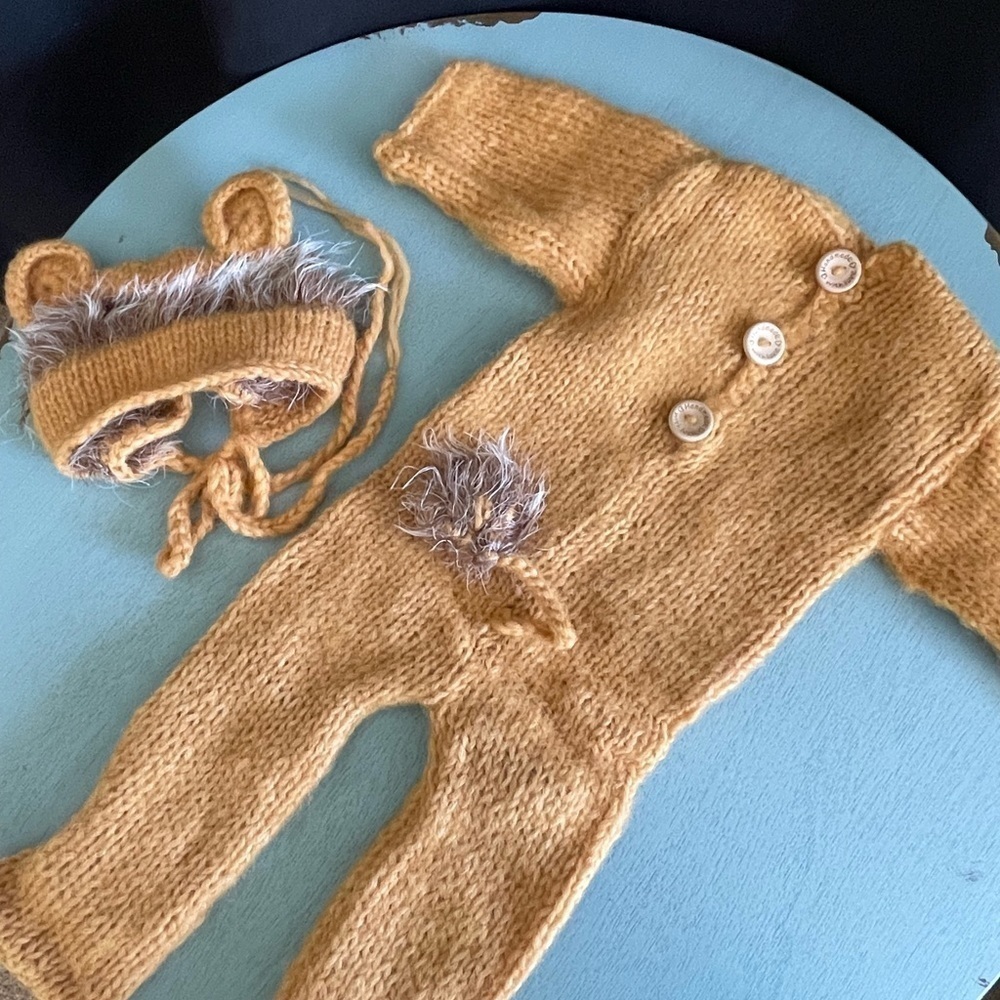 Handmade gold knitted newborn lion onesie and hat